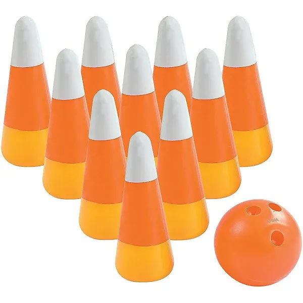 Fun Express Candy Corn and Pumpkin Bowling Set - Includes 6 Pins, 1 Ball - Great for Fall Festivals, Halloween and Other Seasonal Events - 7 Pieces