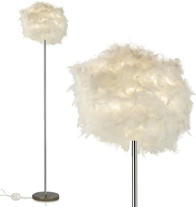 Feather Floor Lamp with Faux Ostrich Feather Shade – Cute & Funky Floor Lamp for Girls Bedroom Decor – Unique White Floor Lamp with Polished Chrome Finish