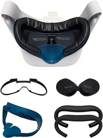 VR Cover Fitness Facial Interface Bracket, Foam Comfort Replacement, XL Glasses Spacer, and Lens Protector Cover for Oculus/Meta Quest 2 (Dark Blue & Black + XL Spacer + Comfort Foam)