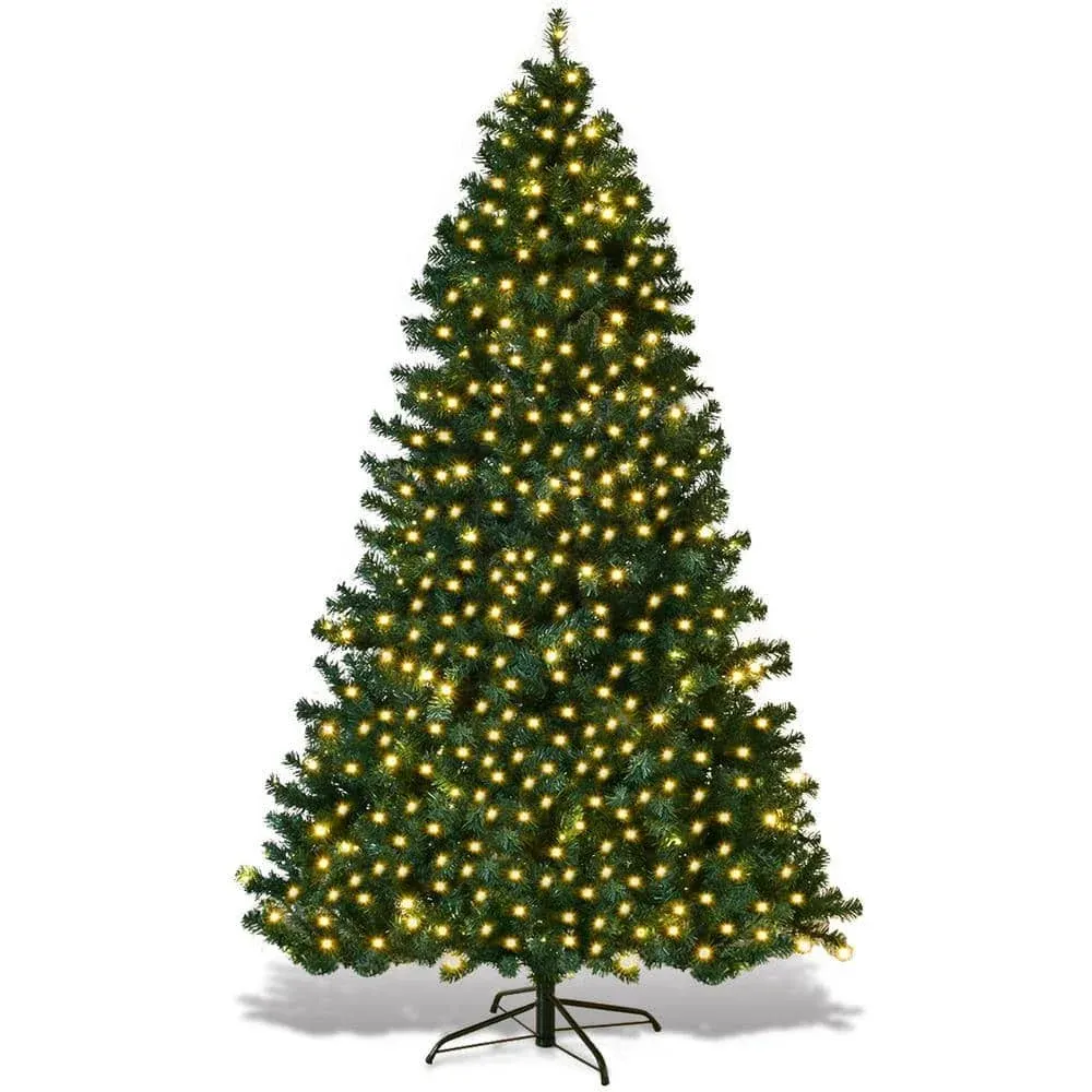 Goplus 8FT Pre-Lit Artificial Christmas Tree, Premium Hinged Spruce Tree, with LED Lights and Metal Stand, Easy Assemble, Perfect Xmas Decor for Home Office and School