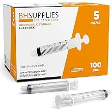 BH Supplies 5mL Luer Lock Tip Syringes (No Needle) - Sterile, Individually Wrapped - 100 Syringes