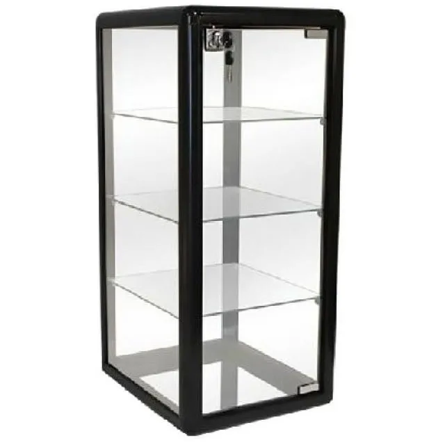 Only Hangers Elegant Black Aluminum Table Top Tempered Glass Display Showcase with (3) Glass Shelves. Hinged Glass Door Includes Lock and Key