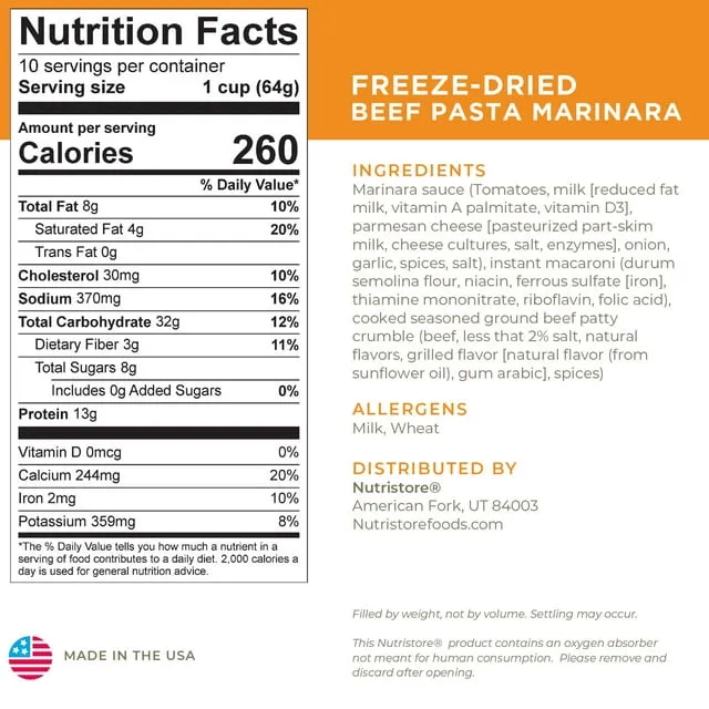 Nutristore | Freeze-Dried Beef Pasta Marinara | Emergency Survival Bulk Food Storage Meal | Perfect for Everyday Quick Meals and Long-Term Storage | 25 Year Shelf Life | USDA Inspected