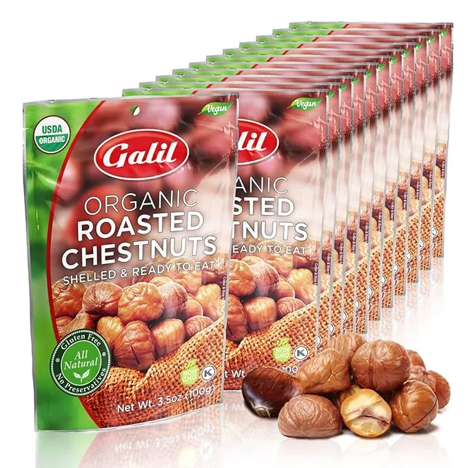 Galil Organic Roasted Chestnuts Pack of 12 Shelled & Ready to Eat - Gluten Free, Vegan, Organic, Non-GMO, Kosher Snacks - Great for Baking, Cooking & Turkey Stuffing 3.5oz Bags