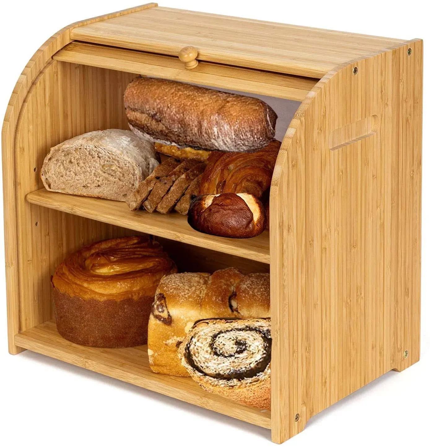 Purbambo Bamboo Bread Box for Kitchen Countertop Double Layer Roll-top Bread ...