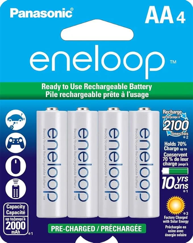 Panasonic eneloop BK-3MCCA4BA Pre-Charged Nickel Metal Hydride AA Rechargeable Batteries, 4-Battery Pack