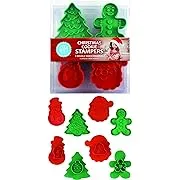 R&M, Christmas Double-Sided Cookie Cutter Stamper Set of 4, Assorted Designs and Sizes, Christmas Tree, Snowman, Santa, Gingerbread Man, Green and Red