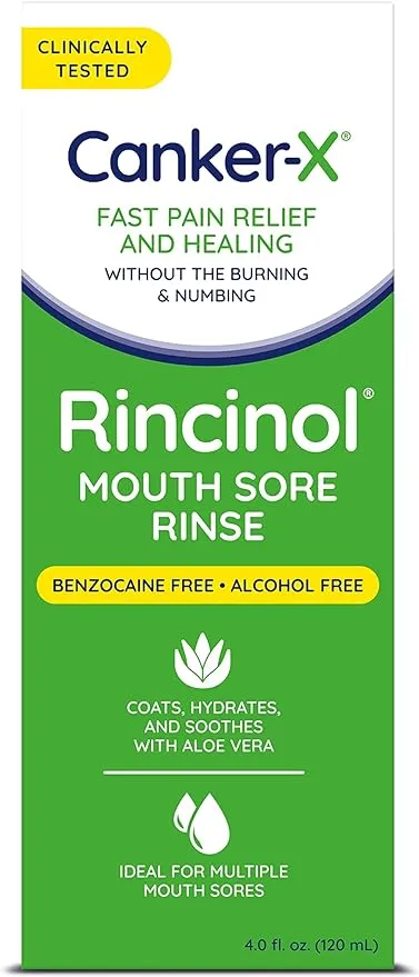 Canker-X Rincinol Oral Rinse Mouthwash, Quick Pain Relief from Canker Sores, Mouth Burns & More, Benzocaine Free & Alcohol Free Mouthwash, Adults & 6 Years+ Kids Mouthwash, 4.0 Fl. Oz.