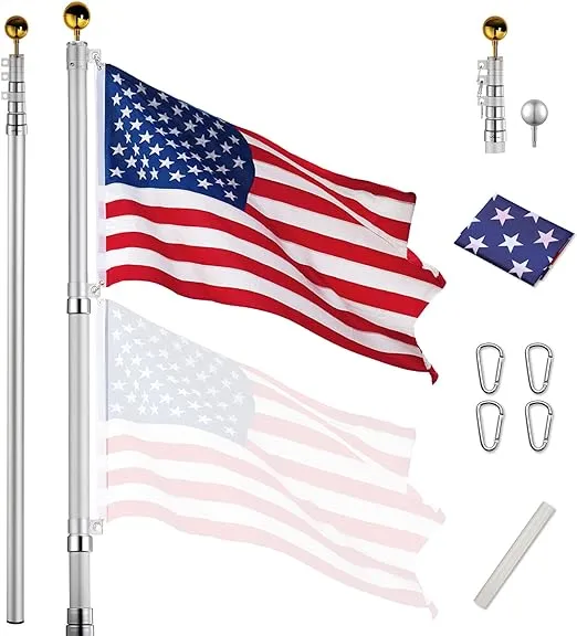 "EZ GO 25ft Telescopic Flag Pole Kit Upgrade Rotating Lock for Outside Inground with 3x5' US Flag Ball Top Silver"