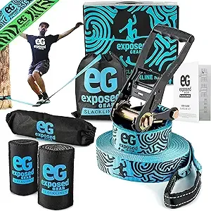 EG Exposed Gear Slackline Kit with Tree Protectors, High Grade Ratchet + Cover, Set Up Instruction Booklet and Carry Bag | Classic 60 ft Slack Line Set | Perfect Slackline for Kids and Adults