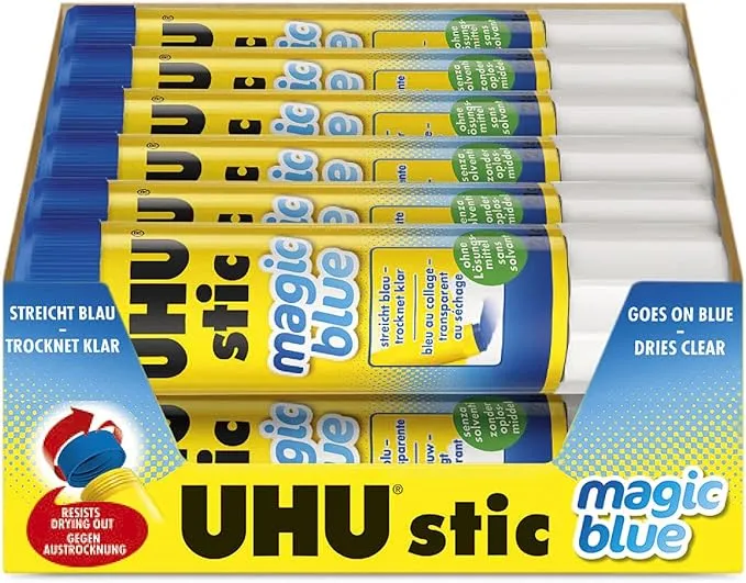 Uhu Colored Glue Stick, 1.41oz Blue, rubs on Blue & Dries Clear, Washable, Solvent Free, Screw on Cap, Pack of 12, 9U 99653