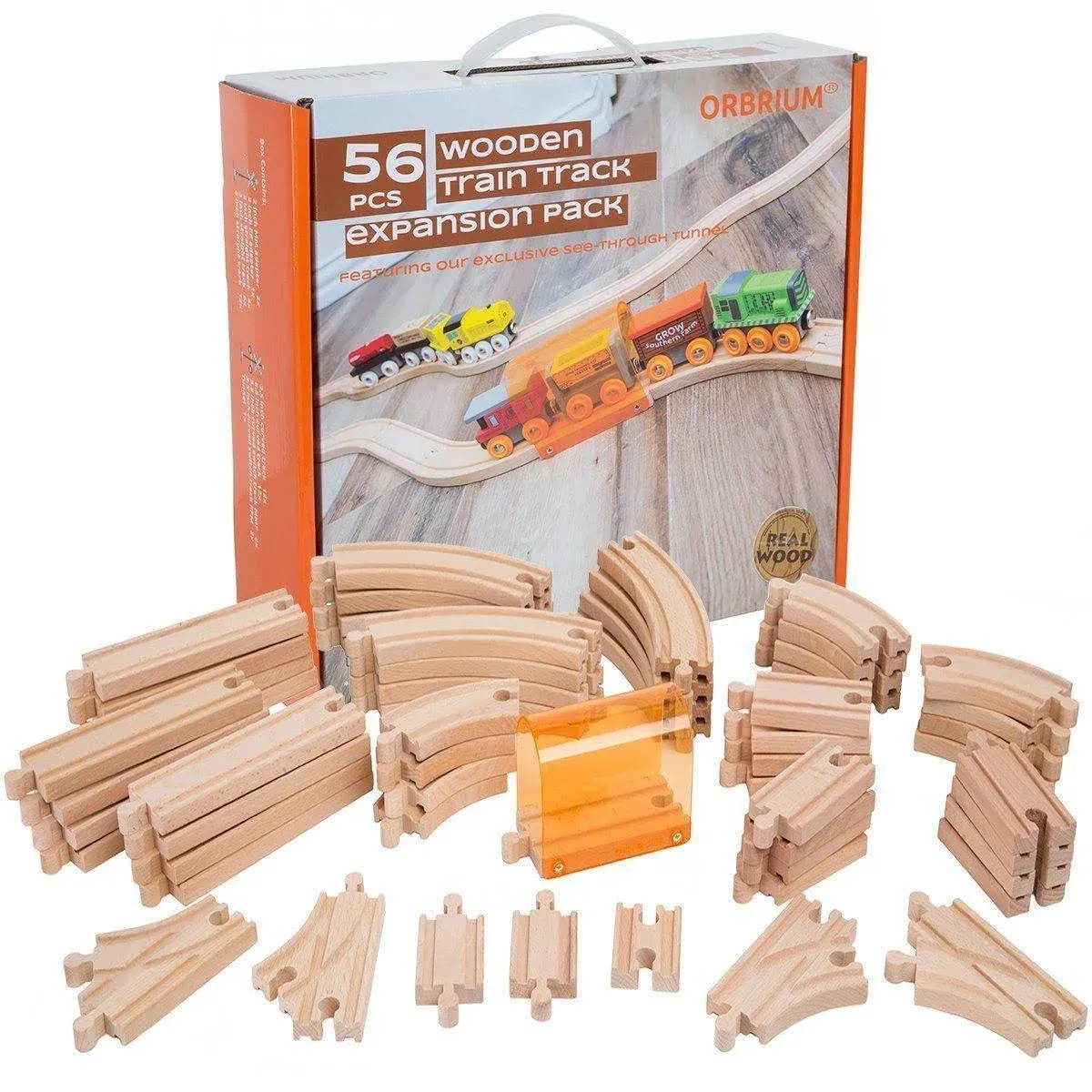 56 Piece Wooden Train Track Expansion Pack with Tunnel Compatible 