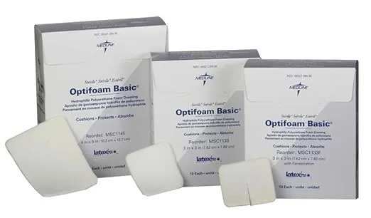 Medline Optifoam Basic Non-Adhesive Foam Dressings, Fenestrated, Sterile, 3" x 3", 10 Count