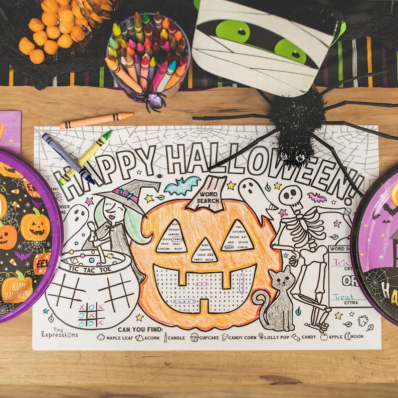 Halloween Paper Placemats for Kids (Pack of 12 Pumpkin Placemats) | Coloring Activity Paper Table Mats for Children’s School Party Craft