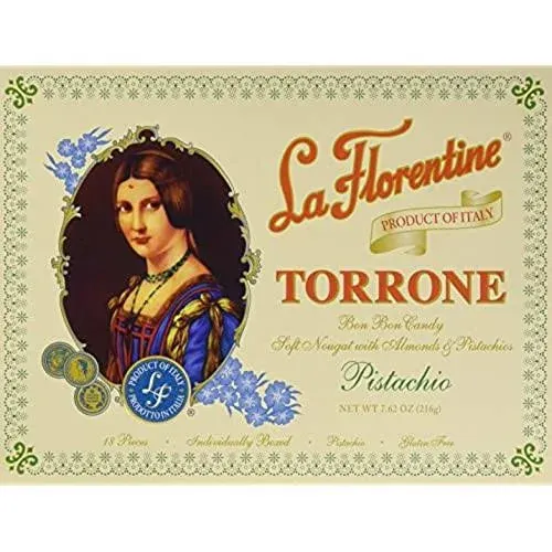 La Florentine Pistachio Torrone, Soft Nougat with Almonds & Pistachios, 7.62 oz, 18 pieces