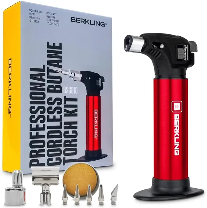 Berkling Butane Soldering Torch Kit – Cordless Butane Torch Lighter Kit – Multifunctional Soldering Kit with Butane Torch, Hot Blower, Soldering Tip – Adjustable Temperature and Quick Heat-Up