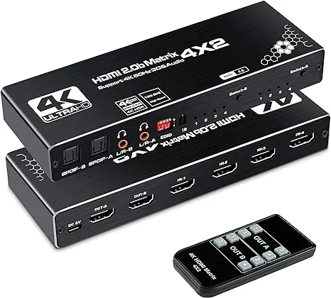 avedio Links 4K@60Hz 4x2 HDMI Matrix Switch, HDMI 2.0b Matrix Switch 4 in 2 Out, 4K HDMI Switcher Splitter + Optical and L/R Audio Output, Scaler EDID with Remote, HDCP2.2, HDR 10