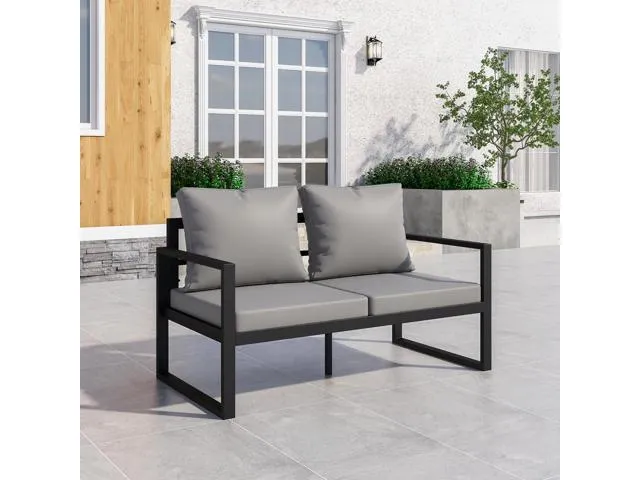 Patio Furniture Metal Couch, 2-Seat All-Weather Outdoor Black Metal Sofa Chair with Grey Cushions, Type S-005