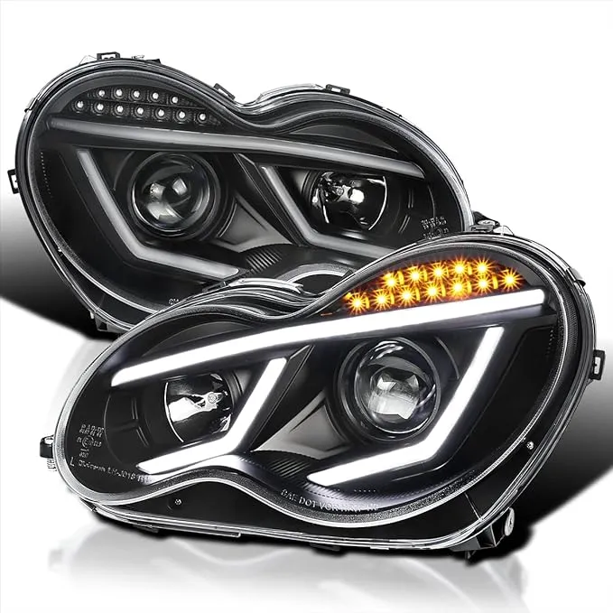 Spec-D Projector Headlights w/ LED Bar &amp; Turn Signal Lights (Matte Black Housing/Clear Lens) Mercedes Benz W203 2001-2007