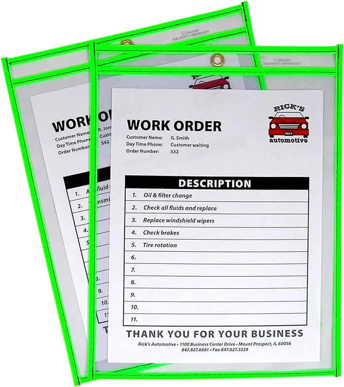 C-Line Neon Stitched Shop Ticket Holders, Green, Both Sides Clear, 9 x 12 Inches, 15 per Box (43913)