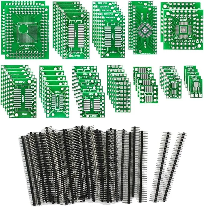 KeeYees 12 Types SMD to DIP Adapter PCB Proto Board Kit SOP8 SOP10 SOP14 SOP16 SOP20 SOP24 SOP28 0402/0603/0805 SMT SOT89/SOT223 TQFP100 QFN32 QFN44/48 with 40pcs 2.54mm Pin Header