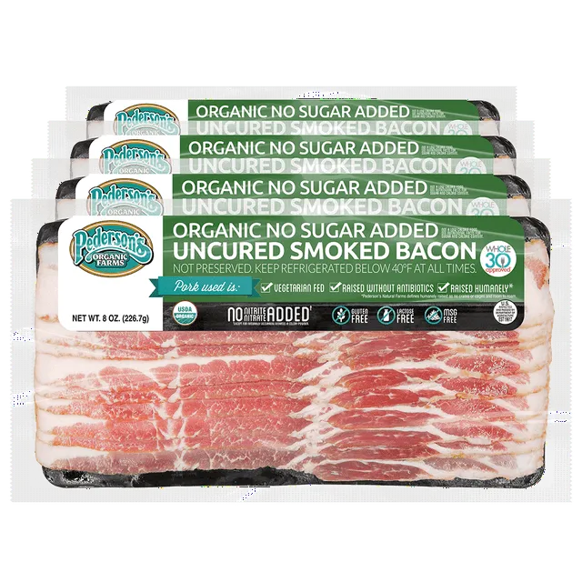 Pederson’s Farms, Organic Pork Bacon, Whole30 (4 Pack, Use/Freeze) 8oz – No Sugar Added, Uncured, Keto Paleo Diet Friendly, No Nitrites Nitrates, Made in the USA…