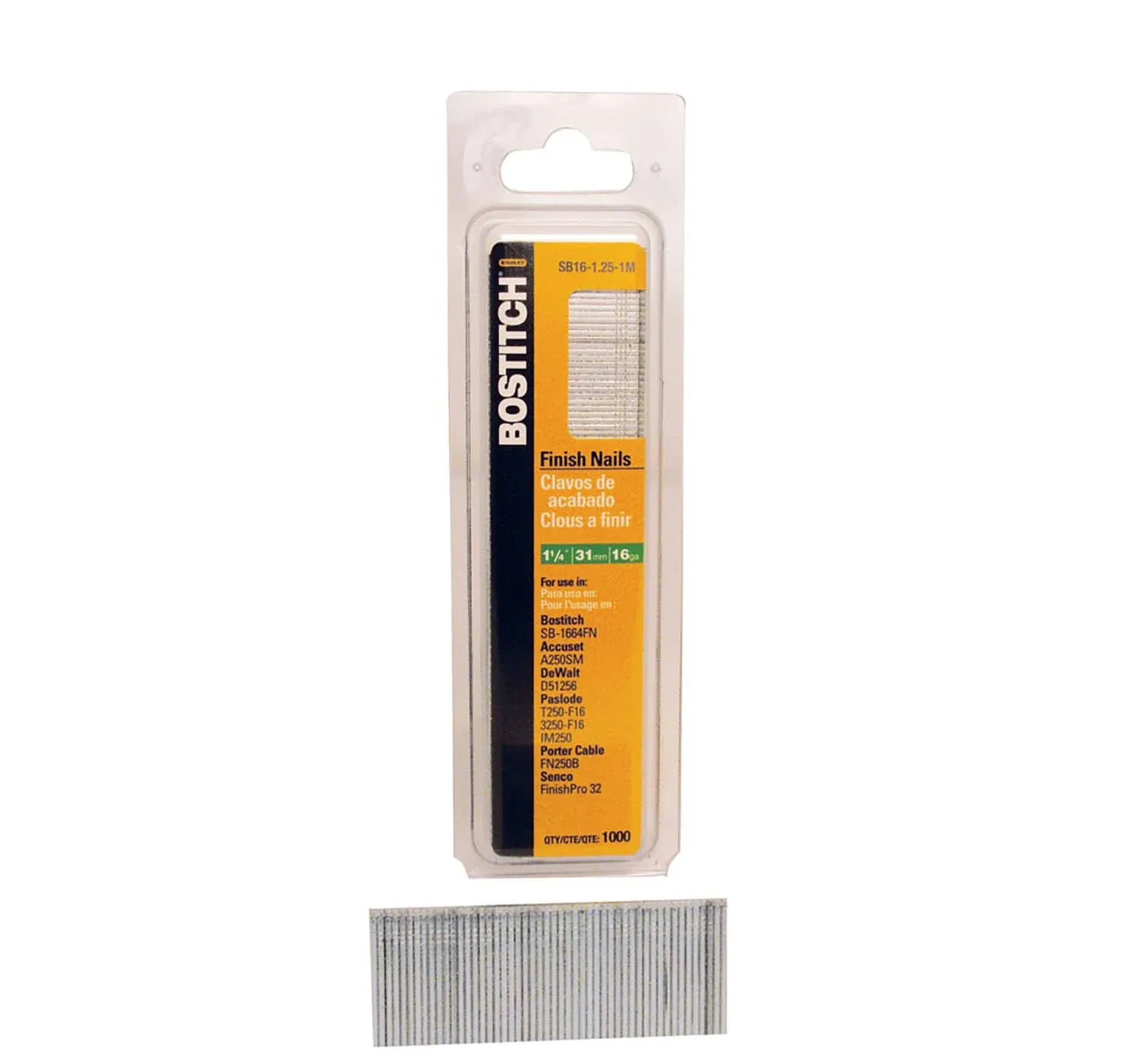 BOSTITCH Finish Nails, Bright, 1-1/4-Inch, 16GA, 1000-Pack (SB16-1.25-1M)