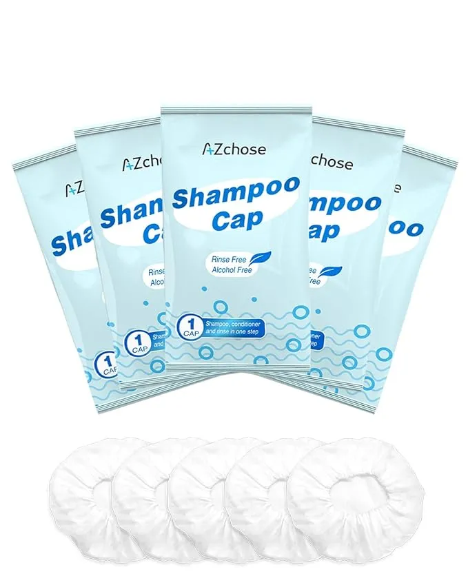 AZchose Waterless Shampoo Caps No-need Rinse for Bedridden Patients, Hair Washing Rinse-free Shampoo Cap for Elderly, Disposable & Hypoallergenic Shampoo Shower Caps for Hospital 5 Packs