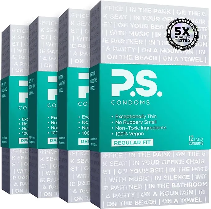 PS Condoms Exceptionally Thin Latex Condoms for Men - Odorless and 100% Vegan - Ultra Thin Lubricated Condom - 40% Thinner and Transparent - 48 Pack