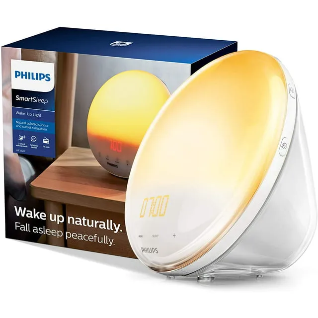 Philips SmartSleep Wake-up Light, Colored Sunrise and Sunset Simulation, 5 Natural Sounds, FM Radio & Reading Lamp, Tap Snooze, HF3520/60