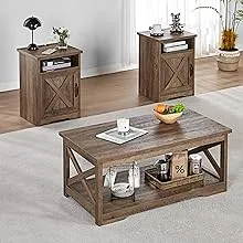 AMERLIFE 3-Piece Farmhouse Table Set Includes Coffee Table& Two End Tables, Side Table with Charging Station and USB Ports, for Living Room, Bedroom,Barnwood