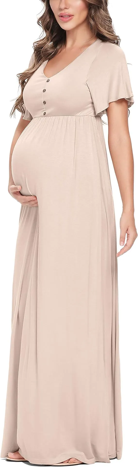 Peauty Maternity Maxi Dress Summer with Decorative Button (S-3XL)/Short Flutter Sleeve Flowy Dress Baby Shower Photoshoot