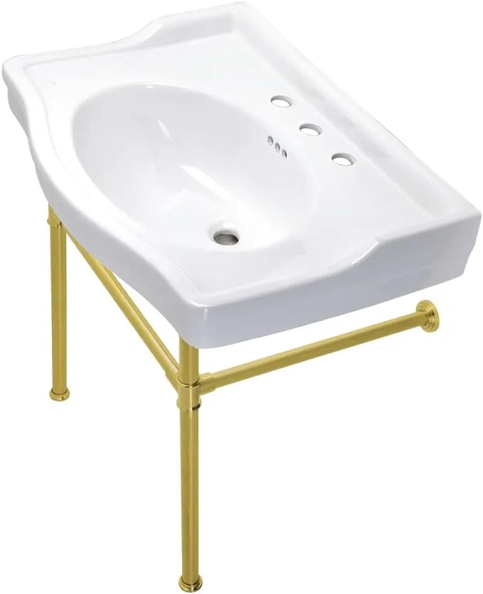 Kingston Brass VPB33087ST Victorian 30-Inch Console Sink with Stainless Steel Legs, Brushed Brass, 29.94 x 21.63 x 34.44