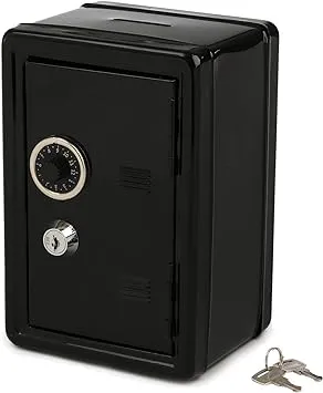 Frcctre Kids Safe Bank, Money Box with Coin Tray, Mini Locker Small Safe Storage Box Piggy Bank with Combination Lock and Key, 7" H x 4.7" Lx 3.9" W, Black