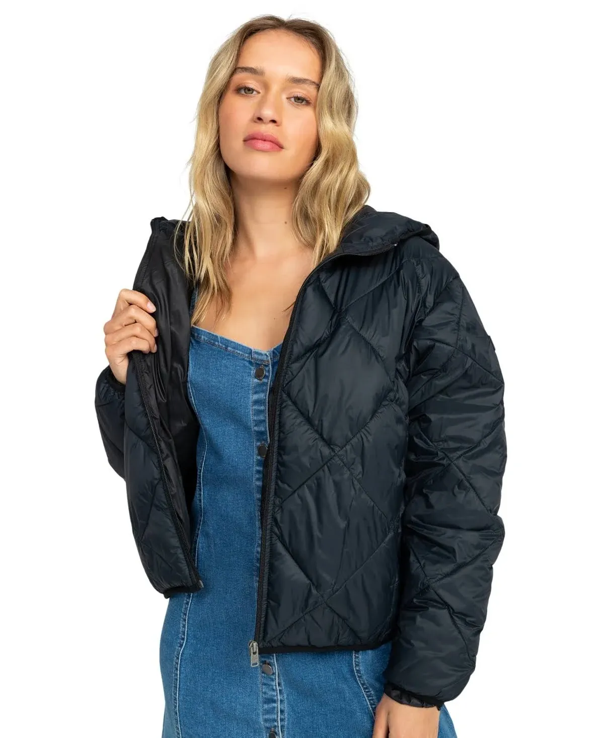 Shop Roxy Wind Swept Quilted Zip-up Hooded Jacket In Anthracite