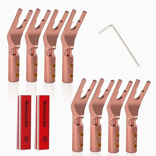 Monosaudio Speaker Spade Connector, 8 Pcs Pure Copper 45 Degree Screw Locking Y Spade Speaker Wire End Connector, HiFi Speaker Fork Spade Plug with Heat Shrink Tubes For 6AWG to 15AWG DIY Speaker Wire