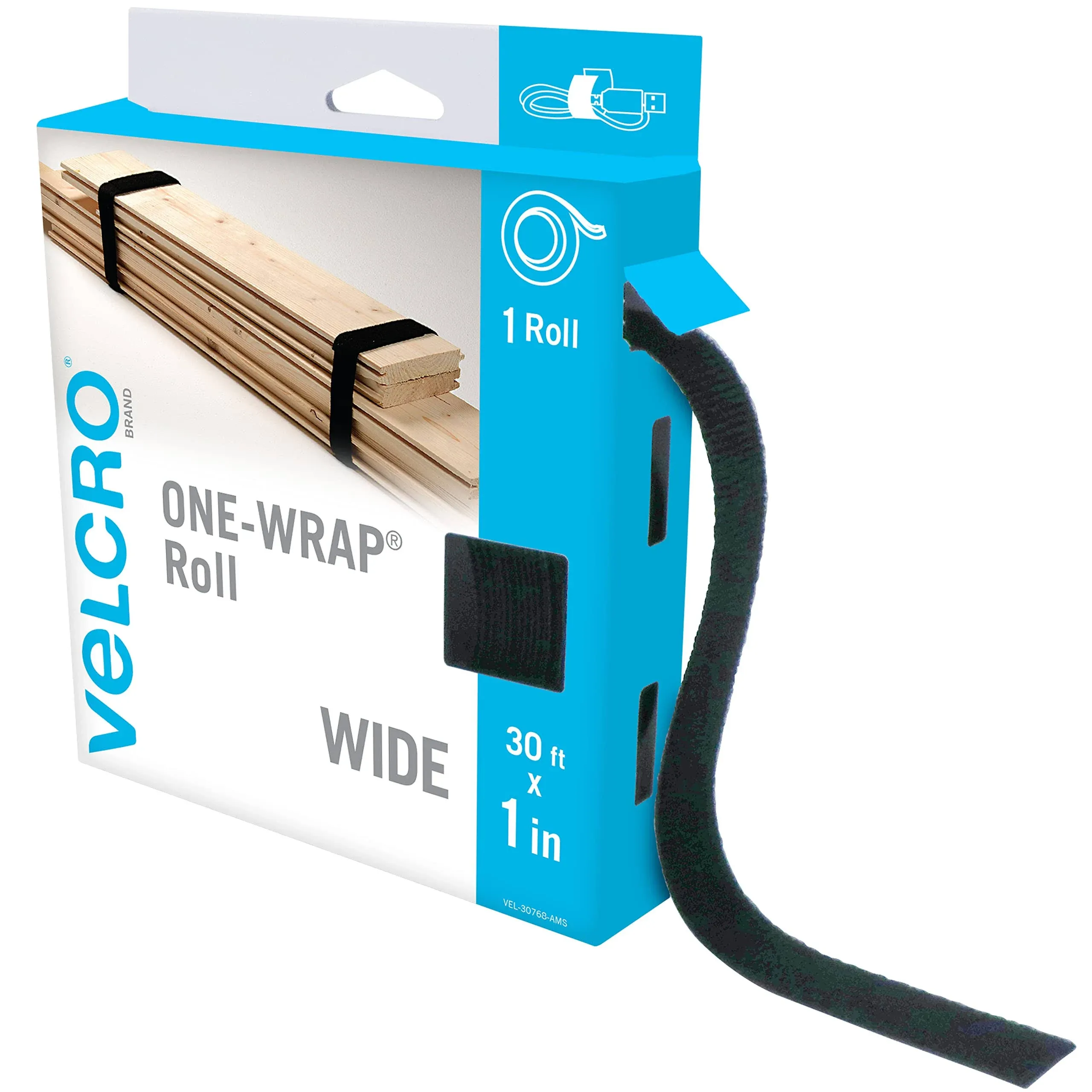 Velcro Brand VEL-30768-AMS Wide Straps 1 in x 30 ft Roll | Cut to Length, Reusable Self-Gripping Tape | Bundle Poles, Wood, pipes, Lumber, Garage