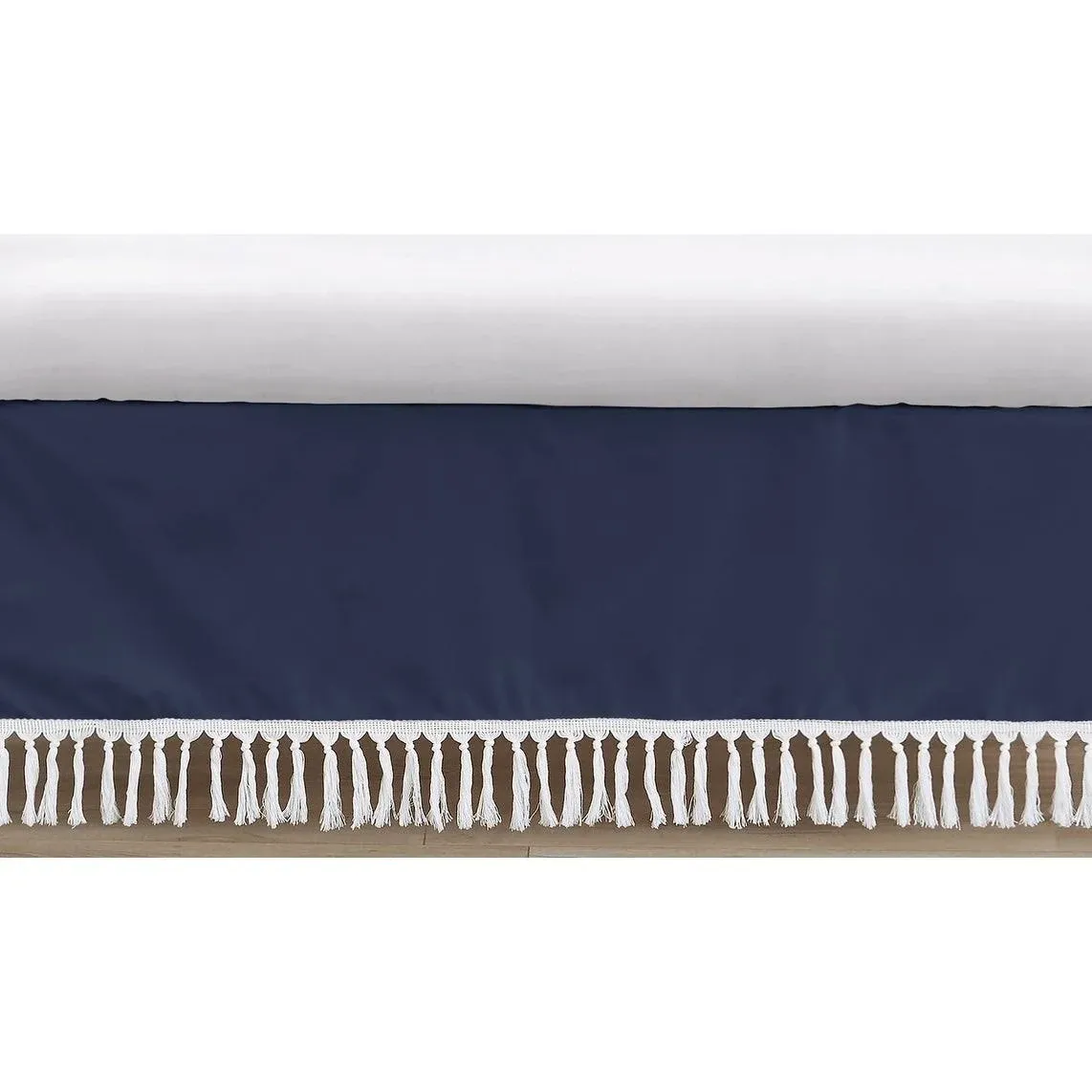 Sweet Jojo Designs Navy Boho Bohemian Boy Baby Crib Bed Skirt Nursery Dust Ruffle - Solid Color Blue and White Farmhouse Chic Minimalist Tassel Fringe Macrame Textured