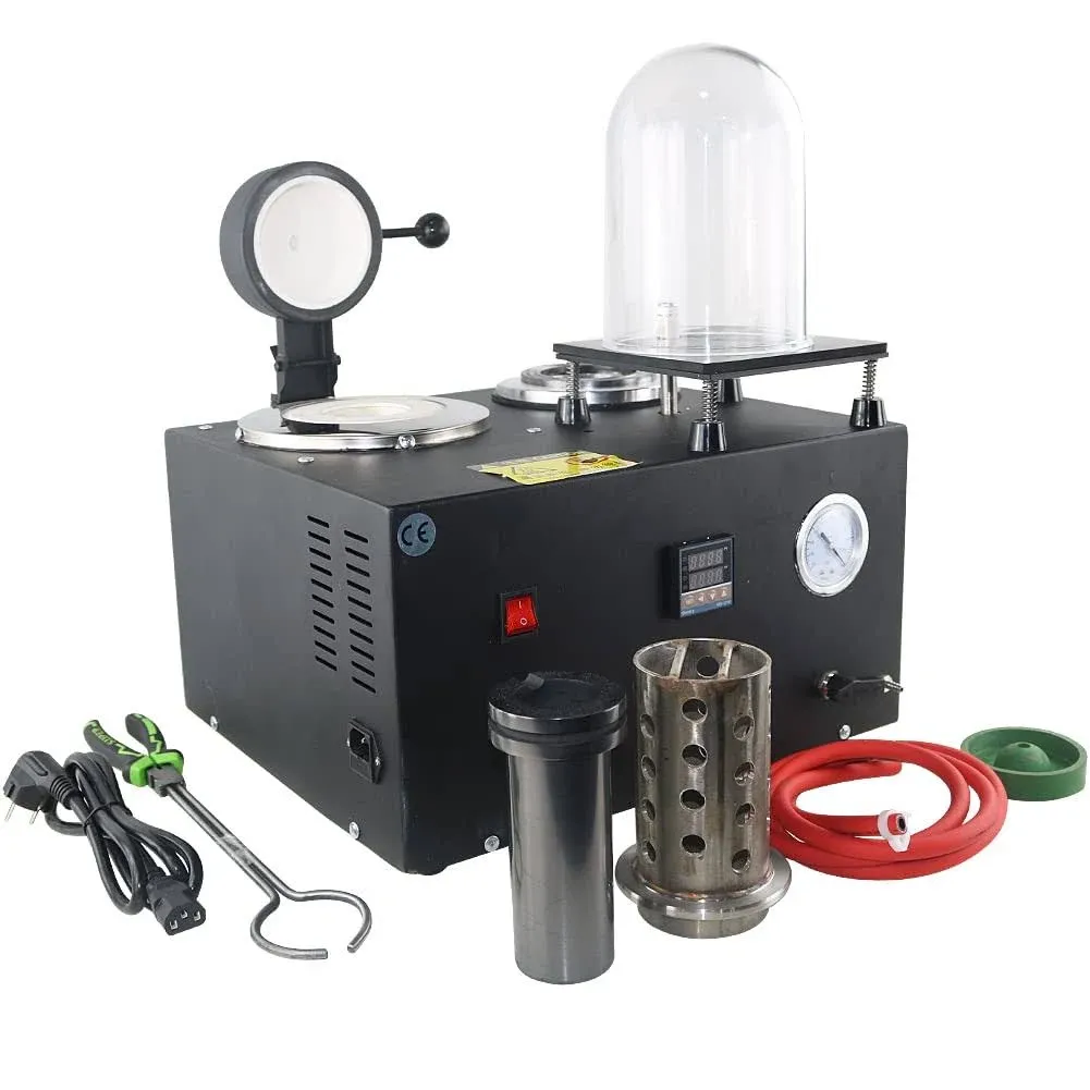 Cast Vacuum and Melting Machine Digital Display High Temperature Refining Precious Metal Jewelry Casting Tool 1/2 HP,2KG Gold Melting Furnace,3 CFM Lost Wax Cast Combination 2L with Bell Jar