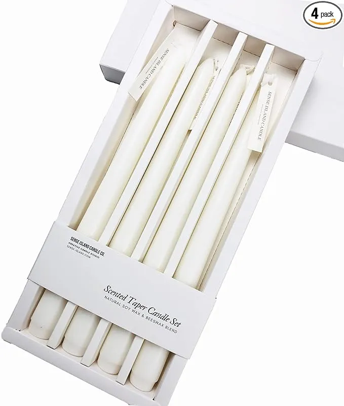 Taper Candles 10'' White Non Toxic Candle Sticks Set of 4 | White Tea Scented Natural Soy Wax Candlesticks for Home Decorations, Tapered Candles for Mantles,Wedding, House Warming Gifts