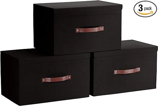 Ornavo Home 3 Pack Collapsible Storage Bins with Lid, Foldable Linen Fabric Shelf Storage Basket Closet Organizer and Large Storage Box for Clothes with Leather Handles, 16.5 x 11.8 x 7.5, Black