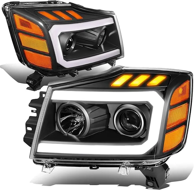 DNA Motoring HL-HPL-NARN04-BK-AM For 2004 to 2015 Nissan Titan Armada 3D DRL Projector Headlights with LED Turn Signal Black/Amber 05 06 07 08 09 10 11 12 13 14