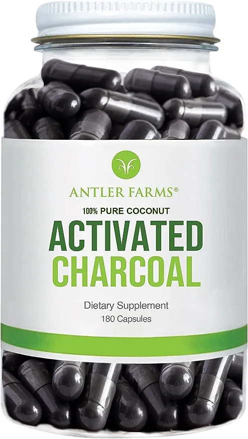 Antler Farms - 100% Pure Organic Coconut Activated Charcoal, 180 Capsules 260mg - Wild Harvested, Virgin Coconut Shell, USP Food Grade, Steam Activated, Ultra Fine