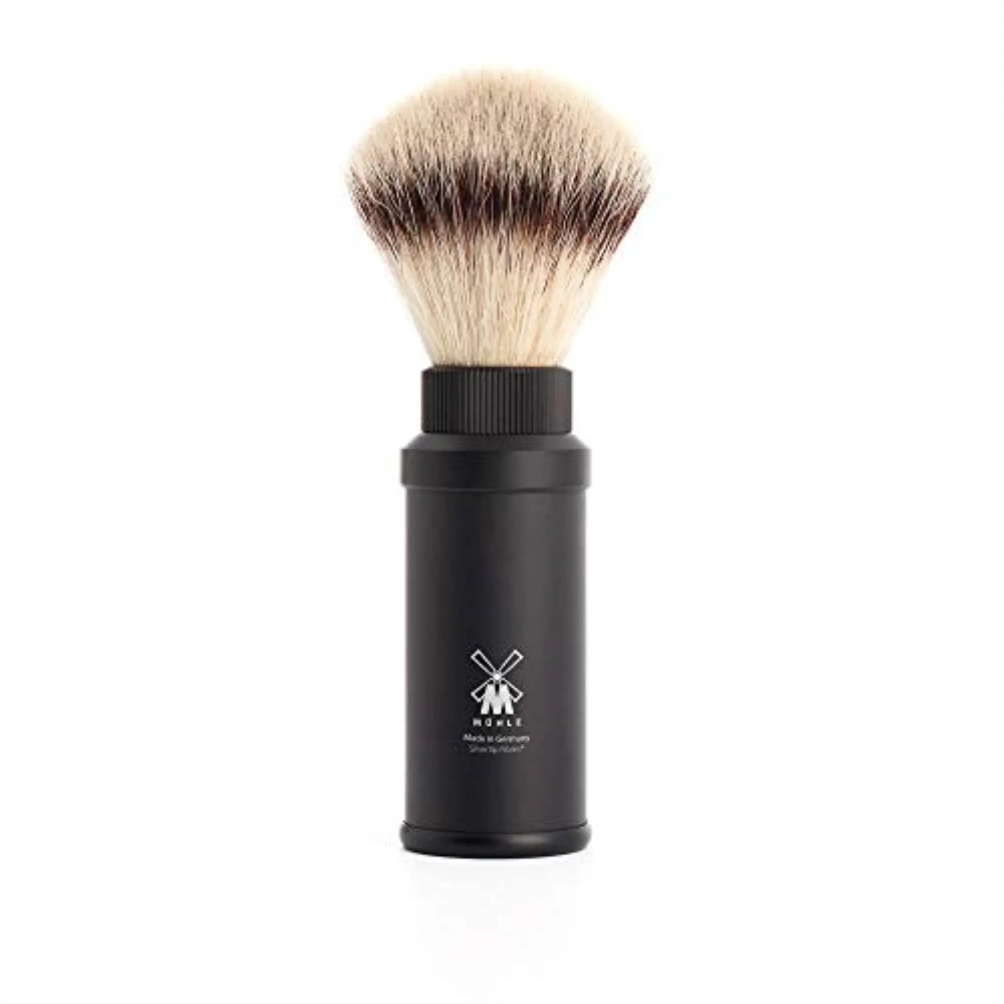 MÜHLE Travel Black Aluminum Silvertip Fibre Shaving Brush - Portable Synthetic Luxury Shave Brush for Men, Rich Lather