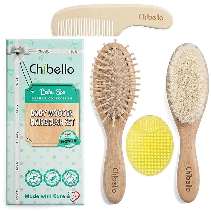 Chibello Baby Hair Care Set - 4 Piece Wooden Brush and Comb Set with Natural Goat Bristles, Ideal for Preventing Cradle Cap, Perfect for Baby Shower and Registry