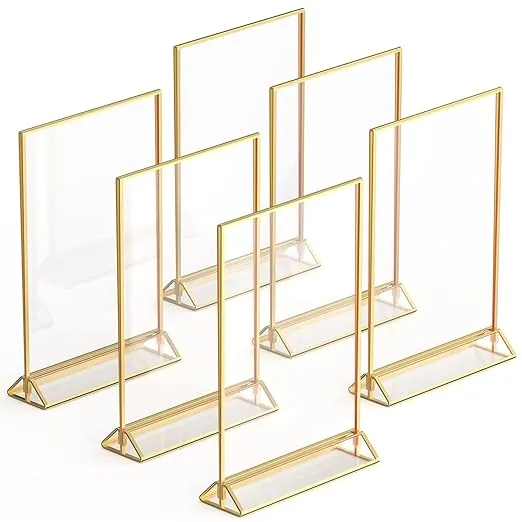 Dasher Products Gold Picture Frames Double Sided - 6 Pack - 5x7 Acrylic Gold Table Number Holders, Clear Easel Table Stands for Signs, Gold Frames for