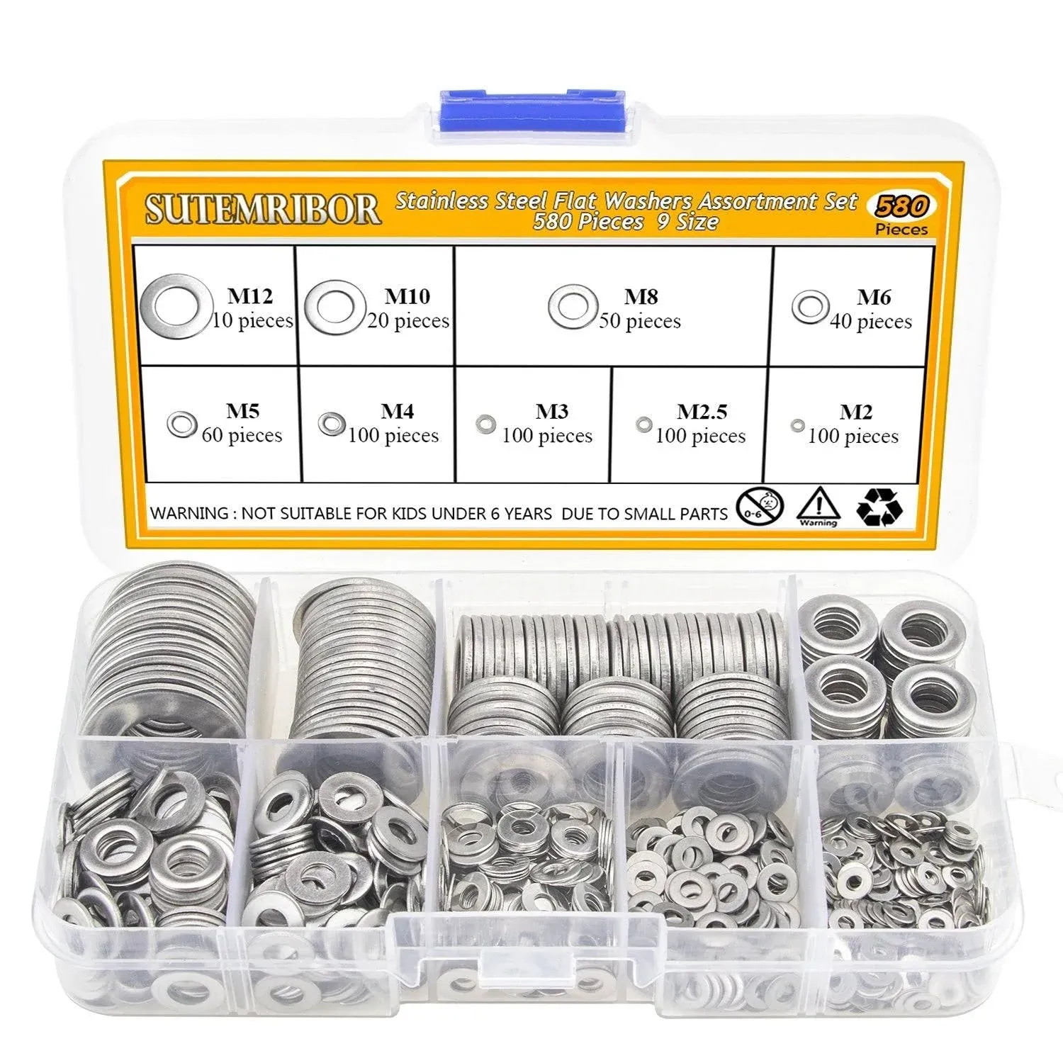 Sutemribor 304 Stainless Steel Flat Washers Set 580 Pieces, 9 Sizes - M2 M25 M3 ...