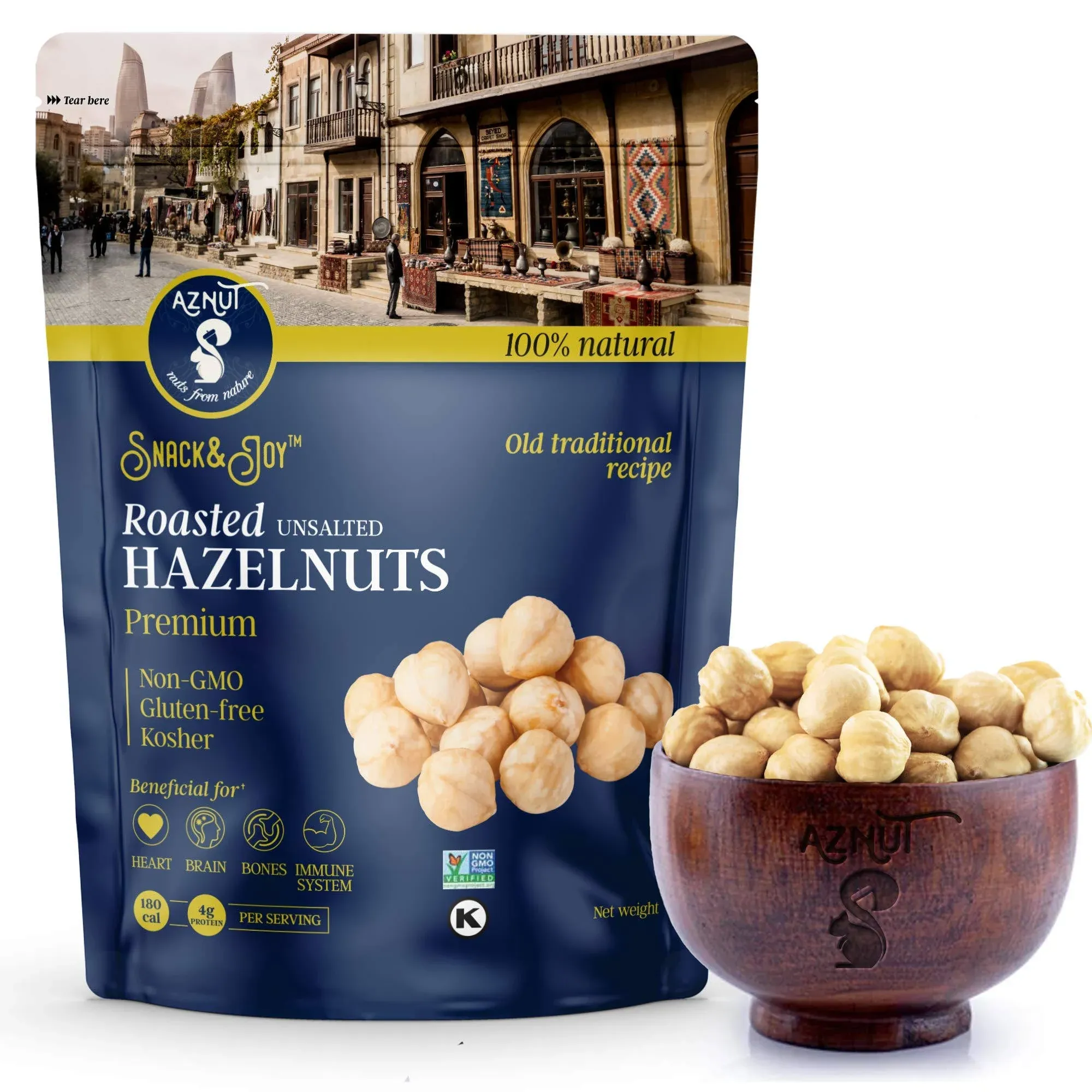 Aznut Roasted Unsalted Hazelnuts , Premium Quality 100% Natural Non-GMO Project Certified, Kosher Certified, No Salt, No Oil, Gluten Free, Keto Diet