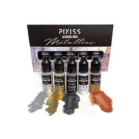 Pixiss Metallic Alcohol Ink Set, Gold Alcohol Ink, Silver, Gunmetal, Copper, Pearl, Alcohol Ink Metallic Mixatives with Extreme Shimmer for Alcohol