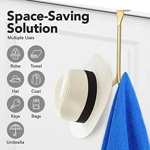 2-Pack Over The Door Hooks - with 2 Hang Heads & Snug Fit Pads Heavy Duty Hook for Hanging Coats, Towels, Caps & Robes - Elegant Matt Finish - No Drill Hanger Organizer - Gold